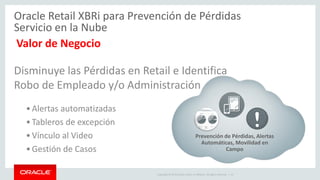 Copyright © 2015 Oracle and/or its affiliates. All rights reserved. |
“Oracle Retail XBRi Loss Prevention Cloud Service es
líder en la industria de Soluciones Analíticas de POS que
ofrece un ROI tangible mediante la detección del robo
interno, identificación de casos operacionales
relacionados al incumplimiento y la localización de las
ineficiencias operativas "
 