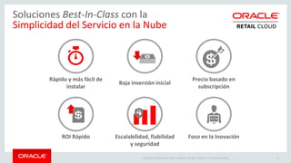 Copyright © 2015 Oracle and/or its affiliates. All rights reserved. |
Accesibilidad móvil y web proporciona facilidad de
uso para los miembros del equipo Prevención de
Pérdidas que trabajan en el campo y en lugares
remotos.
Oracle Retail XBRi para Prevención de Pérdidas
Servicio en la Nube
Integración con herramientas de
terceros: gestión de casos y vínculos
de video.
Beneficios
Las excepciones identificadas,
rastreadas y gestionadas desde
su inicio hasta la resolución.
Permite a los usuarios identificar
irregularidades a nivel región, tienda, cajero
e incluso transacción (de lo genérico a lo
más específico).
Automoción permite al equipo gestionar
más casos y centrarse en los incidentes más
importantes.
 