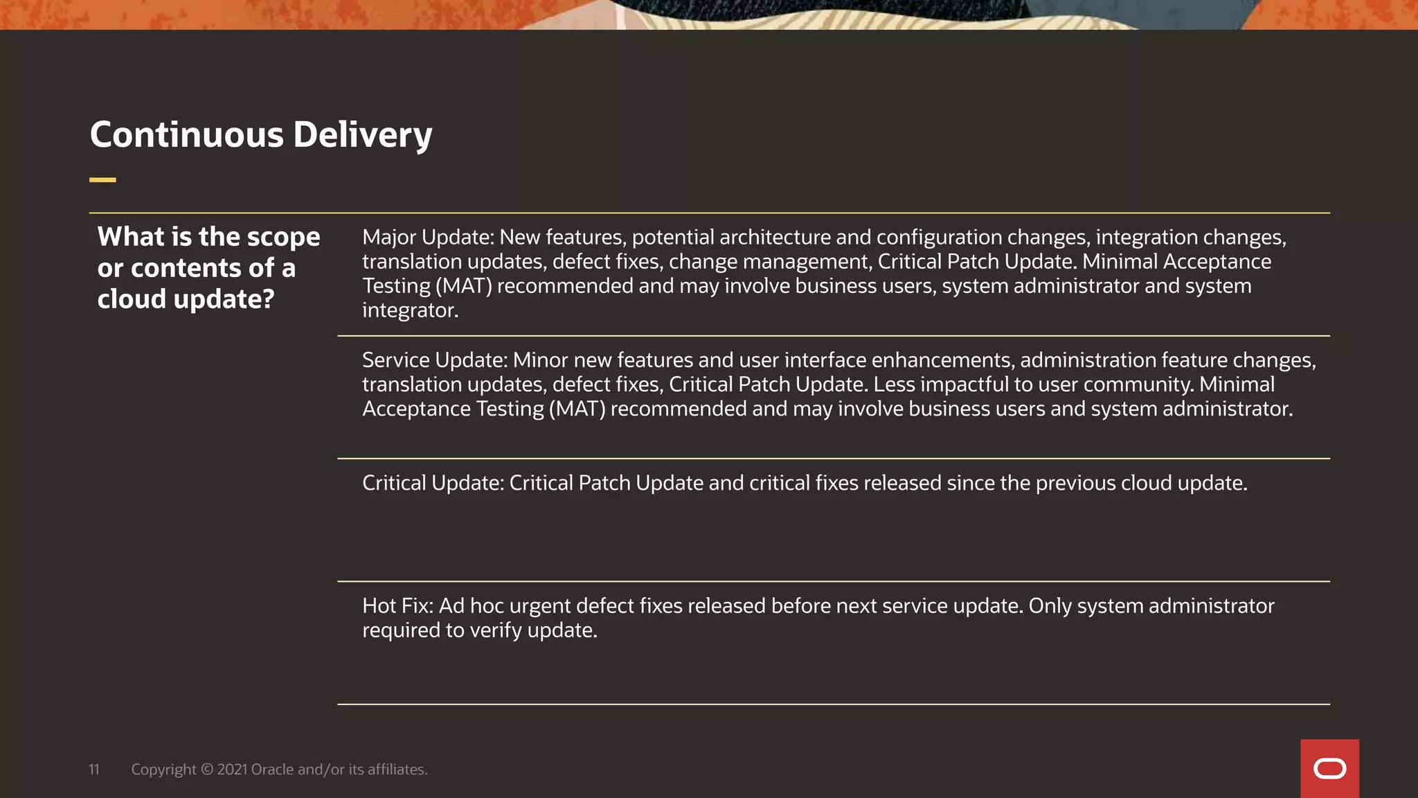 Continuous Delivery
11 Copyright © 2021 Oracle and/or its affiliates.
What is the scope
or contents of a
cloud update?
Major Update: New features, potential architecture and configuration changes, integration changes,
translation updates, defect fixes, change management, Critical Patch Update. Minimal Acceptance
Testing (MAT) recommended and may involve business users, system administrator and system
integrator.
Service Update: Minor new features and user interface enhancements, administration feature changes,
translation updates, defect fixes, Critical Patch Update. Less impactful to user community. Minimal
Acceptance Testing (MAT) recommended and may involve business users and system administrator.
Critical Update: Critical Patch Update and critical fixes released since the previous cloud update.
Hot Fix: Ad hoc urgent defect fixes released before next service update. Only system administrator
required to verify update.
 