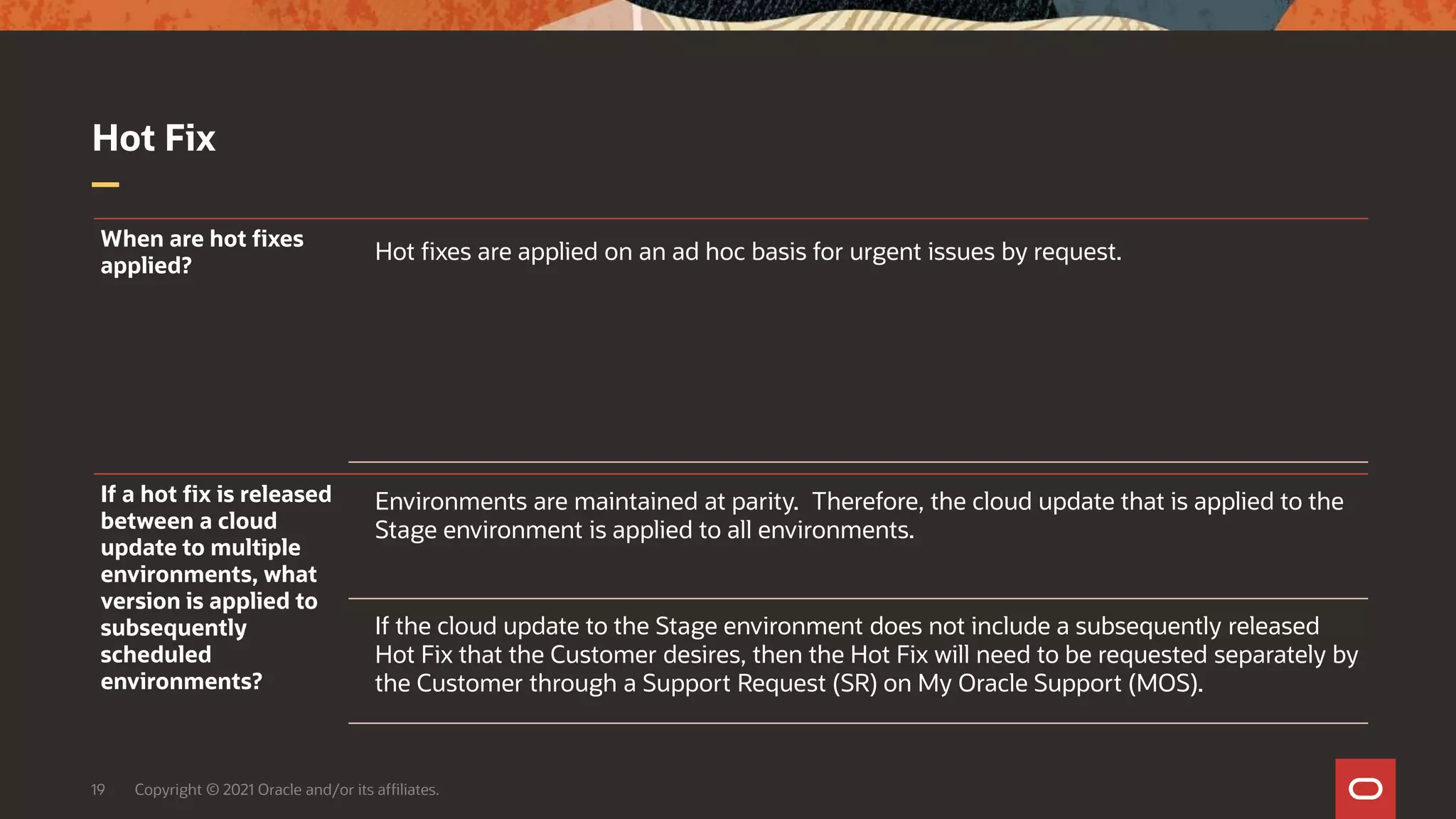Hot Fix
19 Copyright © 2021 Oracle and/or its affiliates.
When are hot fixes
applied?
Hot fixes are applied on an ad hoc basis for urgent issues by request.
If a hot fix is released
between a cloud
update to multiple
environments, what
version is applied to
subsequently
scheduled
environments?
Environments are maintained at parity. Therefore, the cloud update that is applied to the
Stage environment is applied to all environments.
If the cloud update to the Stage environment does not include a subsequently released
Hot Fix that the Customer desires, then the Hot Fix will need to be requested separately by
the Customer through a Support Request (SR) on My Oracle Support (MOS).
 