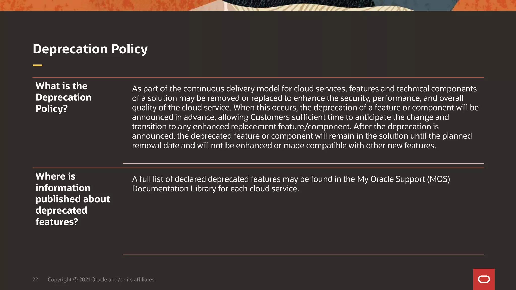 Deprecation Policy
22 Copyright © 2021 Oracle and/or its affiliates.
What is the
Deprecation
Policy?
As part of the continuous delivery model for cloud services, features and technical components
of a solution may be removed or replaced to enhance the security, performance, and overall
quality of the cloud service. When this occurs, the deprecation of a feature or component will be
announced in advance, allowing Customers sufficient time to anticipate the change and
transition to any enhanced replacement feature/component. After the deprecation is
announced, the deprecated feature or component will remain in the solution until the planned
removal date and will not be enhanced or made compatible with other new features.
Where is
information
published about
deprecated
features?
A full list of declared deprecated features may be found in the My Oracle Support (MOS)
Documentation Library for each cloud service.
 