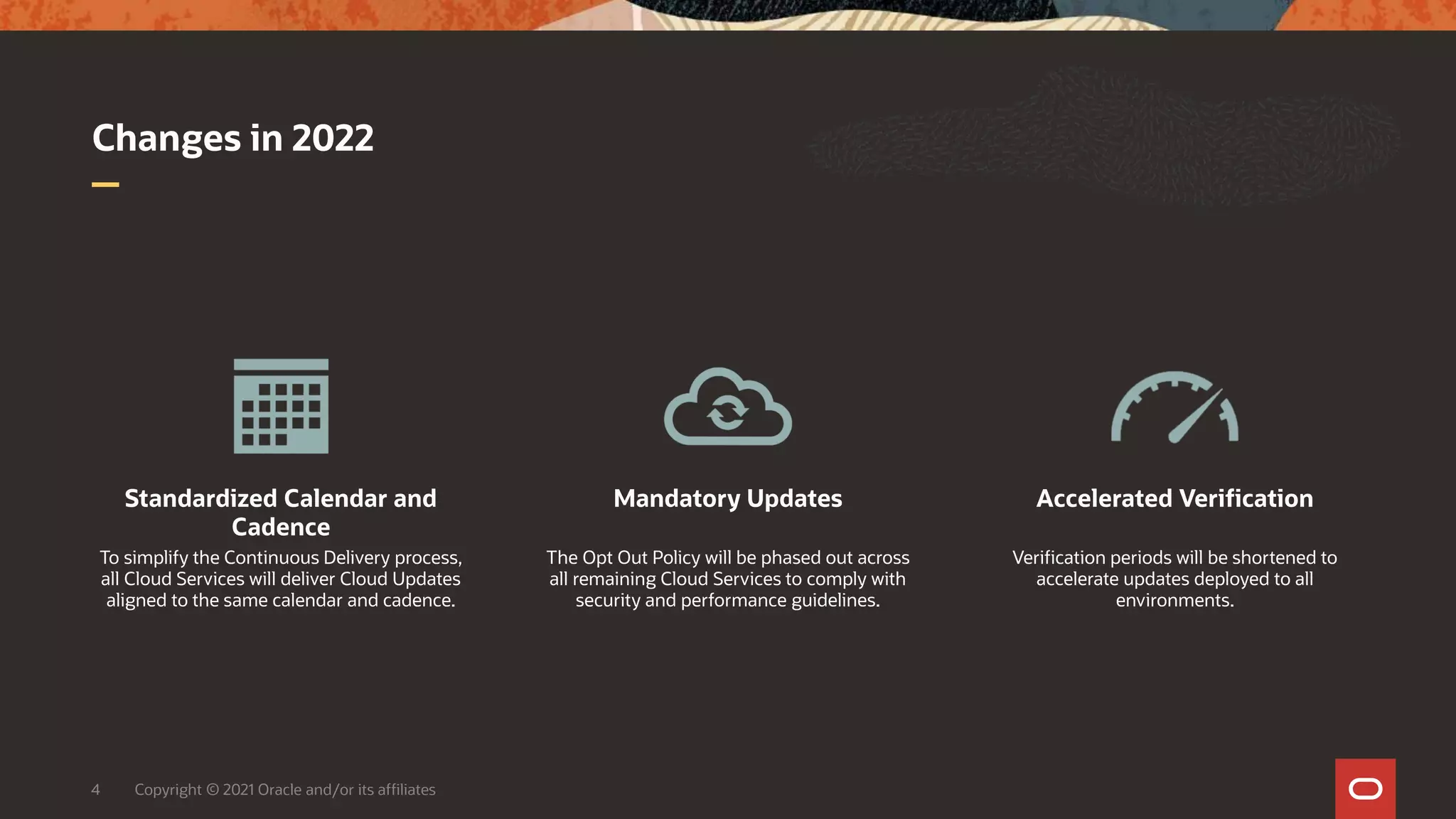 Changes in 2022
4 Copyright © 2021 Oracle and/or its affiliates
Standardized Calendar and
Cadence
To simplify the Continuous Delivery process,
all Cloud Services will deliver Cloud Updates
aligned to the same calendar and cadence.
Mandatory Updates
The Opt Out Policy will be phased out across
all remaining Cloud Services to comply with
security and performance guidelines.
Accelerated Verification
Verification periods will be shortened to
accelerate updates deployed to all
environments.
 