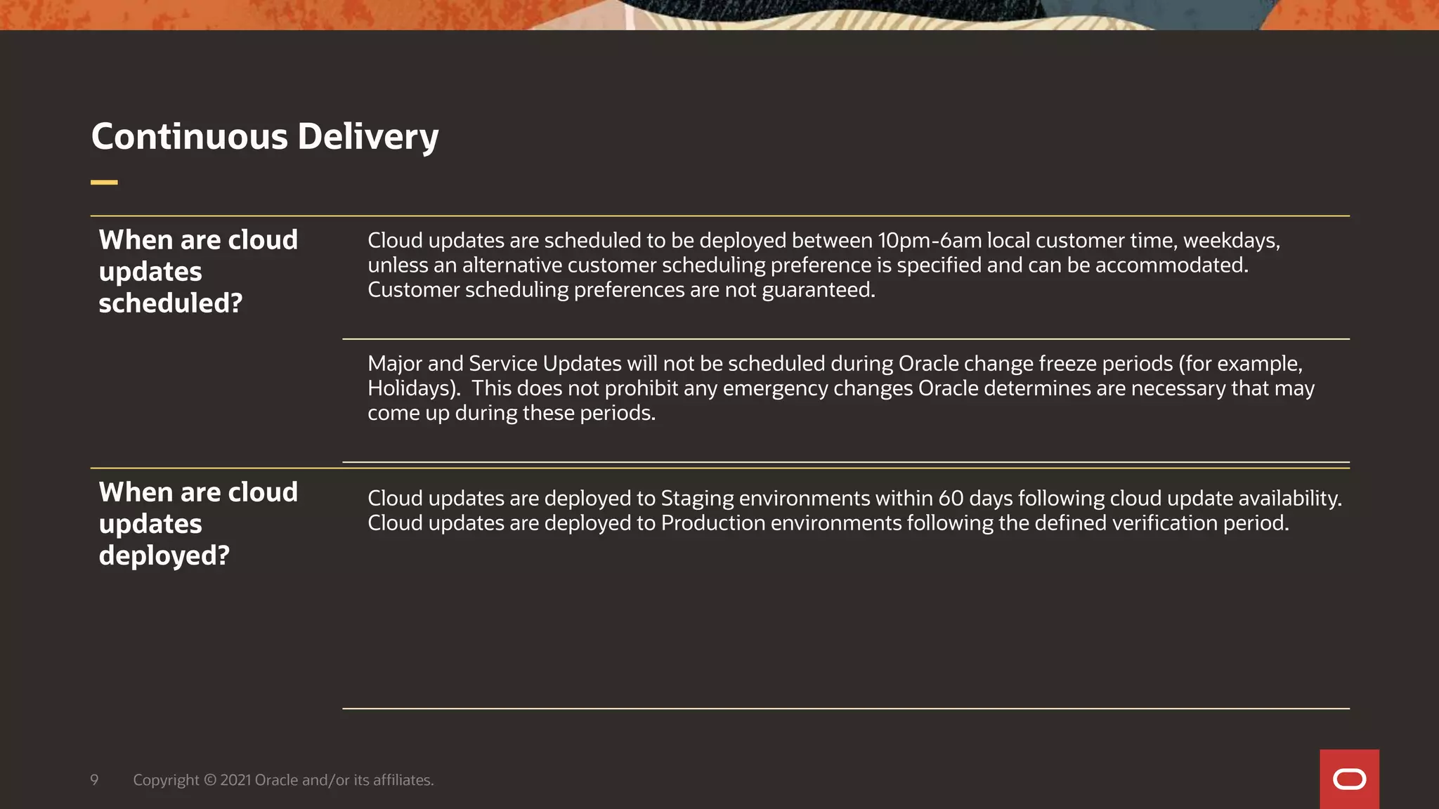 Continuous Delivery
9 Copyright © 2021 Oracle and/or its affiliates.
When are cloud
updates
scheduled?
Cloud updates are scheduled to be deployed between 10pm-6am local customer time, weekdays,
unless an alternative customer scheduling preference is specified and can be accommodated.
Customer scheduling preferences are not guaranteed.
Major and Service Updates will not be scheduled during Oracle change freeze periods (for example,
Holidays). This does not prohibit any emergency changes Oracle determines are necessary that may
come up during these periods.
When are cloud
updates
deployed?
Cloud updates are deployed to Staging environments within 60 days following cloud update availability.
Cloud updates are deployed to Production environments following the defined verification period.
 