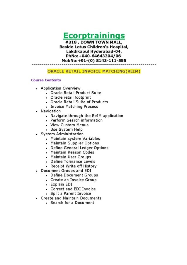 ORACLE RETAIL INVOICE MATCHING(REIM) Training in Hyderabad India Ecorp