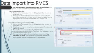 Data Import into RMCS
To import data from EBS Receivables, Order Management, and Service Contracts into
Revenue Management, we need to run following Concurrent Programs.
1. Extract Revenue Basis Data
1. Run this Concurrent program from the EBS application that you want to
extract data from.
2. This Program will extract the transaction data of the source application,
which were not extracted in the prior runs and funnel the data to Revenue
Management Cloud Service canonical tables on E-Business Suite
2. Create Revenue Management Data Export File
1. Run this Concurrent program from the EBS application that you want to
extract data from.
2. This Concurrent Program will gather the above extracted information and
prepare the data file.
3. The data file will be created in the UTL_FILE_DIRECTORY.
4. The system takes the file from the UTL_FILE_DIRECTORY and places it on the
universal content manager server.
5. This system will also spawn ESS Job in the fusion environment ("Load
Interface for file import") with the necessary parameters which would
import the data from the data file into RMCS canonical tables.
 