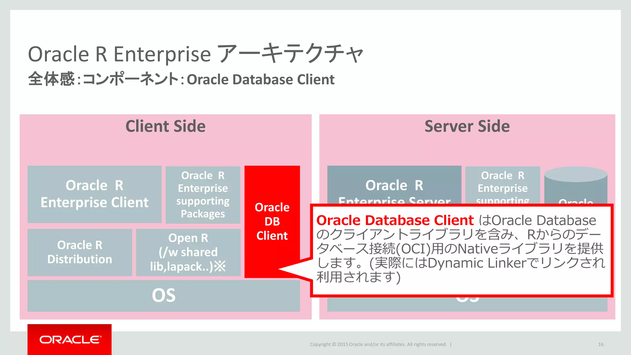 Copyright © 2015 Oracle and/or its affiliates. All rights reserved. |
Oracle R Enterprise アーキテクチャ
全体感：コンポーネント：Oracle Database Client
16
Server SideClient Side
OS
Oracle R
Distribution
Open R
(/w shared
lib,lapack..)※
Oracle R
Enterprise Client Oracle
DB
Client
OS
Oracle R
Enterprise
supporting
Packages
Oracle R
Distribution
Open R
(/w shared
lib,lapack..)※
Oracle R
Enterprise Server
Oracle R
Enterprise
supporting
Packages
Oracle
DB
/w
AA
Oracle Database Client はOracle Database
のクライアントライブラリを含み、Rからのデー
タベース接続(OCI)用のNativeライブラリを提供
します。(実際にはDynamic Linkerでリンクされ
利用されます)
 