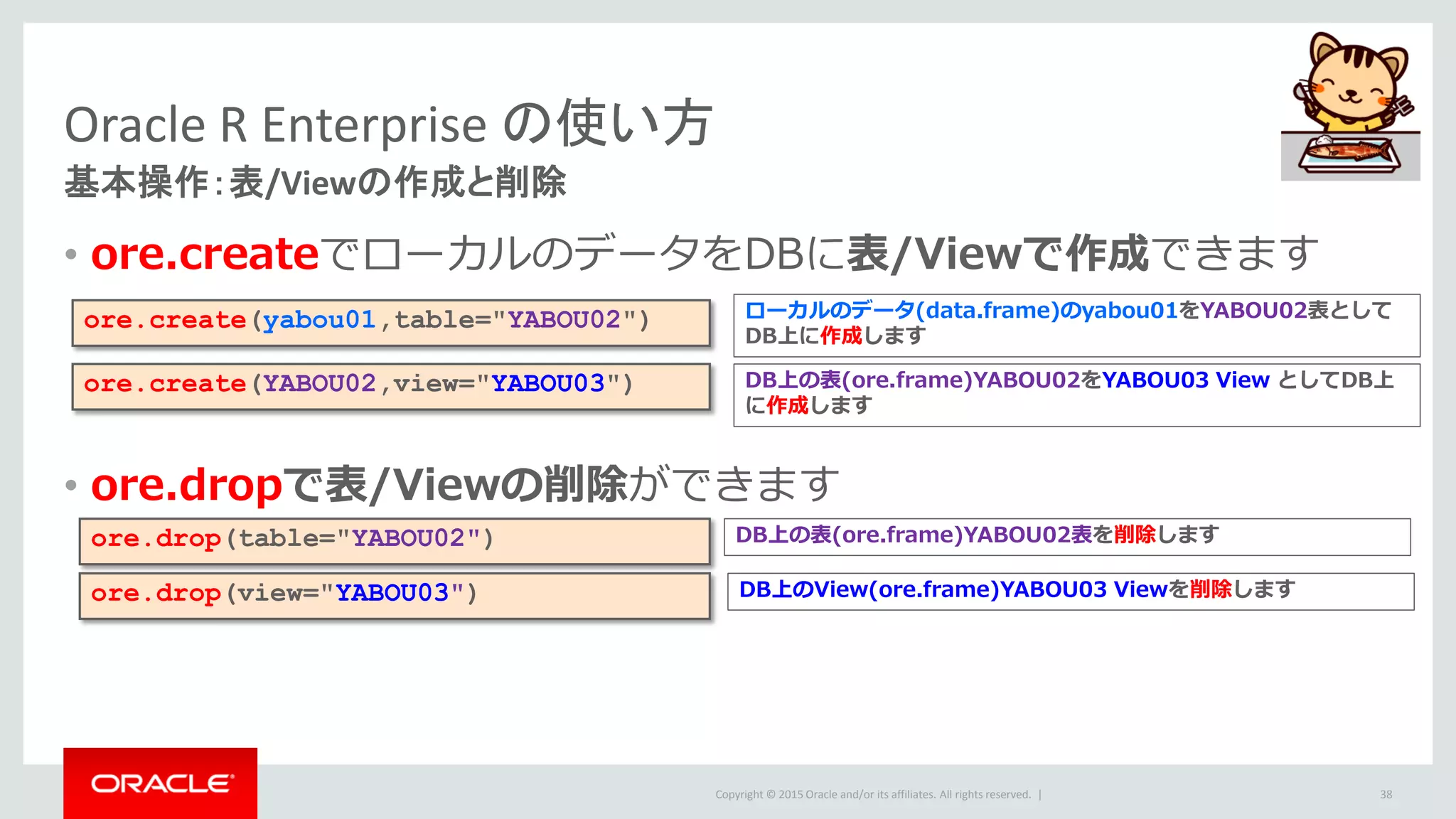 Copyright © 2015 Oracle and/or its affiliates. All rights reserved. |
Oracle R Enterprise の使い方
基本操作：表/Viewの作成と削除
• ore.createでローカルのデータをDBに表/Viewで作成できます
• ore.dropで表/Viewの削除ができます
38
ore.create(yabou01,table="YABOU02") ローカルのデータ(data.frame)のyabou01をYABOU02表として
DB上に作成します
ore.create(YABOU02,view="YABOU03") DB上の表(ore.frame)YABOU02をYABOU03 View としてDB上
に作成します
ore.drop(table="YABOU02") DB上の表(ore.frame)YABOU02表を削除します
ore.drop(view="YABOU03") DB上のView(ore.frame)YABOU03 Viewを削除します
 