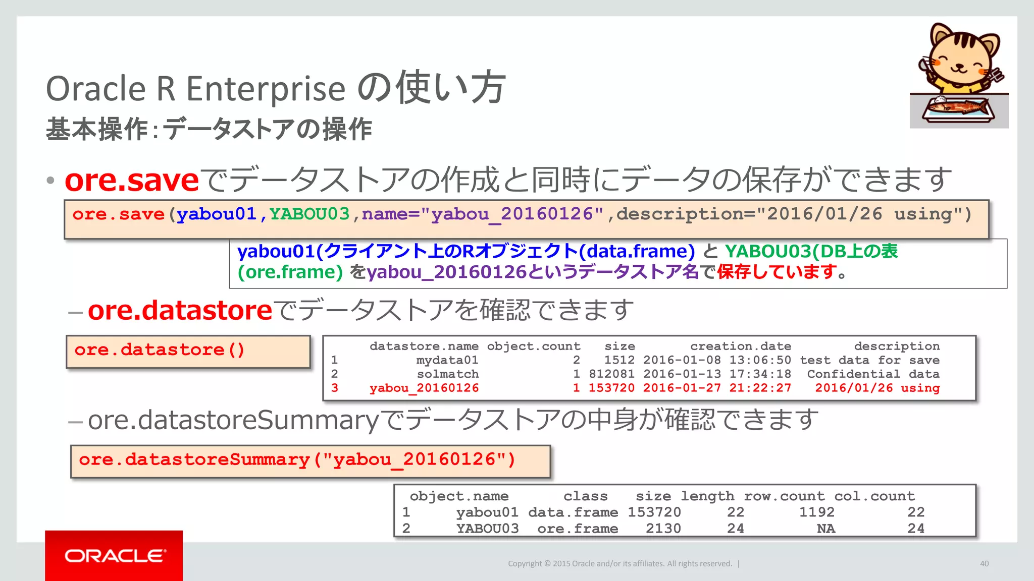 Copyright © 2015 Oracle and/or its affiliates. All rights reserved. |
Oracle R Enterprise の使い方
基本操作：データストアの操作
• ore.saveでデータストアの作成と同時にデータの保存ができます
– ore.datastoreでデータストアを確認できます
– ore.datastoreSummaryでデータストアの中身が確認できます
40
ore.save(yabou01,YABOU03,name="yabou_20160126",description="2016/01/26 using")
yabou01(クライアント上のRオブジェクト(data.frame) と YABOU03(DB上の表
(ore.frame) をyabou_20160126というデータストア名で保存しています。
ore.datastore() datastore.name object.count size creation.date description
1 mydata01 2 1512 2016-01-08 13:06:50 test data for save
2 solmatch 1 812081 2016-01-13 17:34:18 Confidential data
3 yabou_20160126 1 153720 2016-01-27 21:22:27 2016/01/26 using
ore.datastoreSummary("yabou_20160126")
object.name class size length row.count col.count
1 yabou01 data.frame 153720 22 1192 22
2 YABOU03 ore.frame 2130 24 NA 24
 