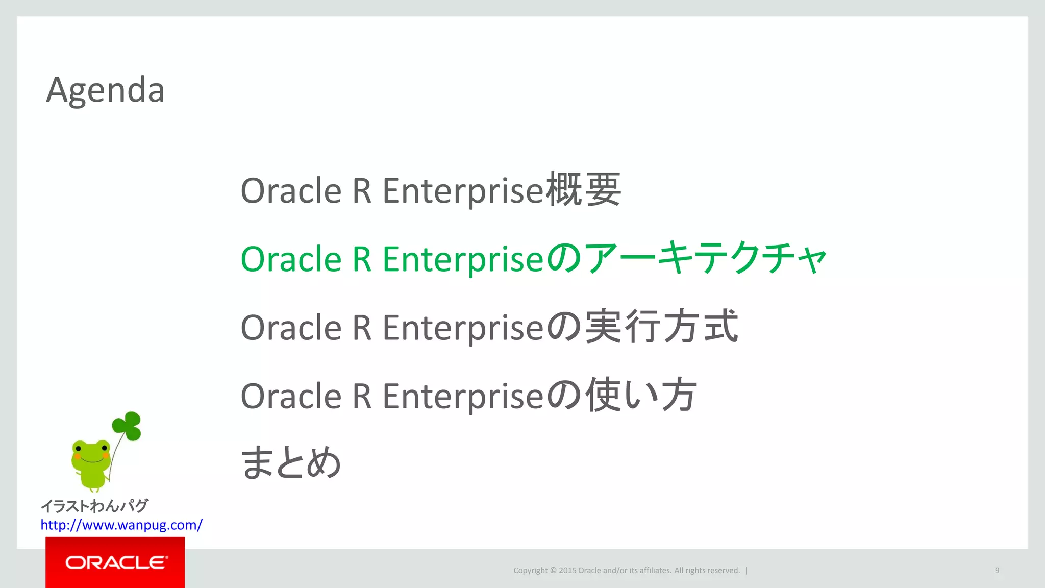 Copyright © 2015 Oracle and/or its affiliates. All rights reserved. |
Agenda
Oracle R Enterprise概要
Oracle R Enterpriseのアーキテクチャ
Oracle R Enterpriseの実行方式
Oracle R Enterpriseの使い方
まとめ
9
イラストわんパグ
http://www.wanpug.com/
 