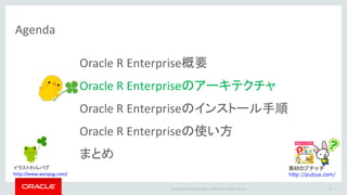 Copyright	©	2015 Oracle	and/or	its	affiliates.	All	rights	reserved.		|
Agenda
Oracle	R	Enterprise概要
Oracle	R	Enterpriseのアーキテクチャ
Oracle	R	Enterpriseのインストール手順
Oracle	R	Enterpriseの使い方
まとめ
10
素材のプチッチ
http://putiya.com/
イラストわんパグ
http://www.wanpug.com/
 