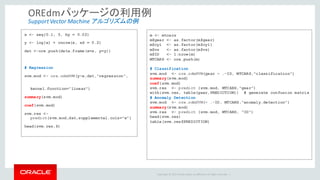 Copyright	©	2015 Oracle	and/or	its	affiliates.	All	rights	reserved.		|
OREdmパッケージの利用例
Support	Vector	Machine	アルゴリズムの例
x <- seq(0.1, 5, by = 0.02)
y <- log(x) + rnorm(x, sd = 0.2)
dat <-ore.push(data.frame(x=x, y=y))
# Regression
svm.mod <- ore.odmSVM(y~x,dat,"regression",
kernel.function="linear")
summary(svm.mod)
coef(svm.mod)
svm.res <-
predict(svm.mod,dat,supplemental.cols="x")
head(svm.res,6)
m <- mtcars
m$gear <- as.factor(m$gear)
m$cyl <- as.factor(m$cyl)
m$vs <- as.factor(m$vs)
m$ID <- 1:nrow(m)
MTCARS <- ore.push(m)
# Classification
svm.mod <- ore.odmSVM(gear ~ .-ID, MTCARS,"classification")
summary(svm.mod)
coef(svm.mod)
svm.res <- predict (svm.mod, MTCARS,"gear")
with(svm.res, table(gear,PREDICTION)) # generate confusion matrix
# Anomaly Detection
svm.mod <- ore.odmSVM(~ .-ID, MTCARS,"anomaly.detection")
summary(svm.mod)
svm.res <- predict (svm.mod, MTCARS, "ID")
head(svm.res)
table(svm.res$PREDICTION)
 