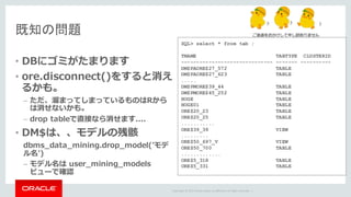 Copyright	©	2015 Oracle	and/or	its	affiliates.	All	rights	reserved.		|
既知の問題
• DBにゴミがたまります
• ore.disconnect()をすると消え
るかも。
– ただ、溜まってしまっているものはRから
は消せないかも。
– drop tableで直接なら消せます....
• DM$は、、モデルの残骸
dbms_data_mining.drop_model(ʼモデ
ル名')
– モデル名は user_mining_models
ビューで確認
SQL> select * from tab ;
TNAME TABTYPE CLUSTERID
------------------------------ ------- ----------
DM$PAORE$27_572 TABLE
DM$PAORE$27_623 TABLE
.....
DM$PMORE$39_44 TABLE
DM$PMORE$45_252 TABLE
HOGE TABLE
HOGE01 TABLE
ORE$20_23 TABLE
ORE$20_25 TABLE
...........
ORE$39_39 VIEW
.........
ORE$50_697_V VIEW
ORE$50_700 TABLE
.............
ORE$5_318 TABLE
ORE$5_331 TABLE
 