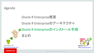 Copyright	©	2015 Oracle	and/or	its	affiliates.	All	rights	reserved.		|
Agenda
Oracle	R	Enterprise概要
Oracle	R	Enterpriseのアーキテクチャ
Oracle	R	Enterpriseのインストール手順
まとめ
19
素材のプチッチ
http://putiya.com/
イラストわんパグ
http://www.wanpug.com/
 