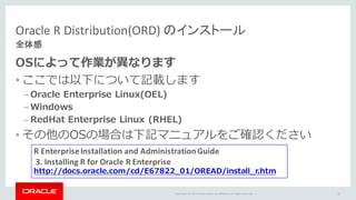 Copyright	©	2015 Oracle	and/or	its	affiliates.	All	rights	reserved.		|
OSによって作業が異なります
• ここでは以下について記載します
– Oracle Enterprise Linux(OEL)
– Windows
– RedHat Enterprise Linux (RHEL)
• その他のOSの場合は下記マニュアルをご確認ください
Oracle	R	Distribution(ORD)	のインストール
全体感
33
R	Enterprise	Installation	and	Administration	Guide
3.	Installing	R	for	Oracle	R	Enterprise
http://docs.oracle.com/cd/E67822_01/OREAD/install_r.htm
 