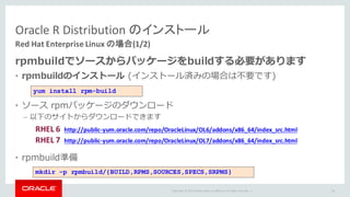 Copyright	©	2015 Oracle	and/or	its	affiliates.	All	rights	reserved.		|
Oracle	R	Distribution	のインストール
Red	Hat	Enterprise	Linux	の場合(1/2)
rpmbuildでソースからパッケージをbuildする必要があります
• rpmbuildのインストール (インストール済みの場合は不要です)
• ソース rpmパッケージのダウンロード
– 以下のサイトからダウンロードできます
• rpmbuild準備
38
yum install rpm-build
RHEL	6		http://public-yum.oracle.com/repo/OracleLinux/OL6/addons/x86_64/index_src.html
RHEL	7		http://public-yum.oracle.com/repo/OracleLinux/OL7/addons/x86_64/index_src.html
mkdir -p rpmbuild/{BUILD,RPMS,SOURCES,SPECS,SRPMS}
 