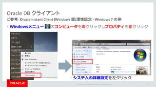 Copyright	©	2015 Oracle	and/or	its	affiliates.	All	rights	reserved.		|
Oracle DB	クライアント
ご参考：Oracle	Instant	Client	(Windows	版)環境設定 - Windows	7	の例
• Windowsメニュー のコンピュータを右クリックしプロパティを左クリック
61
• システムの詳細設定を左クリック
 