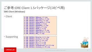 Copyright	©	2015 Oracle	and/or	its	affiliates.	All	rights	reserved.		|
ご参考:ORE	Client	1.5パッケージ(コピペ用)
ORE	Client	(Windows)
• Client
• Supporting
84
R CMD INSTALL OREbase_1.5.zip
R CMD INSTALL OREcommon_1.5.zip
R CMD INSTALL OREstats_1.5.zip
R CMD INSTALL OREgraphcs_1.5.zip
R CMD INSTALL OREeda_1.5.zip
R CMD INSTALL OREembed_1.5.zip
R CMD INSTALL ORExml_1.5.zip
R CMD INSTALL OREdm_1.5.zip
R CMD INSTALL OREmodels_1.5.zip
R CMD INSTALL OREpredict_1.5.zip
R CMD INSTALL ORE_1.5.zip
R CMD INSTALL ROracle_1.2-1.zip
R CMD INSTALL arules_1.1-9.zip
R CMD INSTALL Cairo_1.5-8.zip
R CMD INSTALL DBI_0.3.1.zip
R CMD INSTALL png_0.1-7.zip
R CMD INSTALL randomForest_4.6-10.zip
R CMD INSTALL statmod_1.4.21.zip
 
