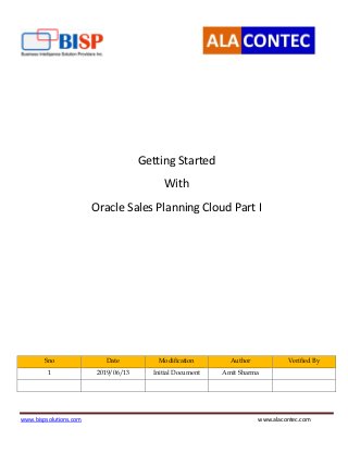 www.bispsolutions.com www.alacontec.com
Getting Started
With
Oracle Sales Planning Cloud Part I
Sno Date Modification Author Verified By
1 2019/06/13 Initial Document Amit Sharma
 