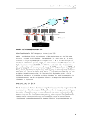 Oracle Database: the Database of Choice for Deploying SAP
                                                                                                       Solutions




Figure 7: SAP workload distribution with RAC


High Availability for SAP Resources (through SAPCTL)
Oracle Clusterware can provide high availability for SAP resources just as it does for Oracle
resources. Oracle has created an Oracle Clusterware tool, SAP Control (SAPCTL), to enable
customers to easily manage SAP high availability resources. SAPCTL provides an easy-to-use
interface to administer the resources, scripts, and dependencies of Oracle Clusterware and SAP
high availability components. SAPCTL consolidates the functionality of the Oracle command-
line tools by enabling SAP customers to easily manage the SAP Enqueue Service for ABAP and
JAVA, the SAP Replication Service for ABAP and JAVA, and the additional virtual IP addresses
used by the SAP Enqueue Service for ABAP and/or JAVA. In addition to the critical SAP high
availability components, namely the SAP Enqueue and SAP Replication Service, SAPCTL
provides an interface for the protection of arbitrary number of SAP application instances. The
SAP Central Instance (CI) or SAP application instances (DV) are possible candidates to run
under SAPCTL supervision.

Data Guard for SAP
Oracle Data Guard is the most effective and comprehensive data availability, data protection, and
disaster recovery solution for enterprise databases. It provides the management, monitoring, and
automation software infrastructure to create and maintain one or more synchronized standby
databases to protect data from failures, disasters, errors, and corruptions. Data Guard standby
databases deliver high return on investment when used for reports, backups, and testing.
Administrators can chose either manual or automatic failover of the production system to a




                                                                                                             24
 