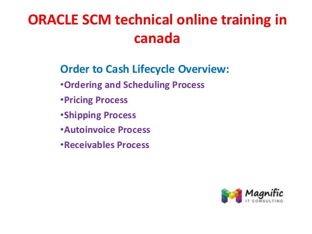 ORACLE SCM technical online training in
canada
Order to Cash Lifecycle Overview:
•Ordering and Scheduling Process
•Pricing Process
•Shipping Process
•Autoinvoice Process
•Receivables Process
 