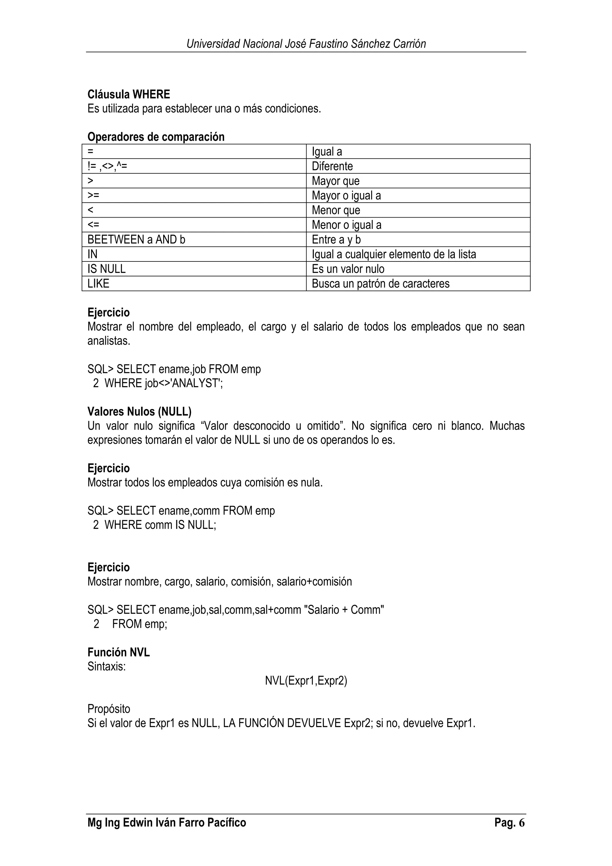 Universidad Nacional José Faustino Sánchez Carrión
Mg Ing Edwin Iván Farro Pacífico Pag. 6
Cláusula WHERE
Es utilizada para establecer una o más condiciones.
Operadores de comparación
= Igual a
!= ,<>,^= Diferente
> Mayor que
>= Mayor o igual a
< Menor que
<= Menor o igual a
BEETWEEN a AND b Entre a y b
IN Igual a cualquier elemento de la lista
IS NULL Es un valor nulo
LIKE Busca un patrón de caracteres
Ejercicio
Mostrar el nombre del empleado, el cargo y el salario de todos los empleados que no sean
analistas.
SQL> SELECT ename,job FROM emp
2 WHERE job<>'ANALYST';
Valores Nulos (NULL)
Un valor nulo significa “Valor desconocido u omitido”. No significa cero ni blanco. Muchas
expresiones tomarán el valor de NULL si uno de os operandos lo es.
Ejercicio
Mostrar todos los empleados cuya comisión es nula.
SQL> SELECT ename,comm FROM emp
2 WHERE comm IS NULL;
Ejercicio
Mostrar nombre, cargo, salario, comisión, salario+comisión
SQL> SELECT ename,job,sal,comm,sal+comm "Salario + Comm"
2 FROM emp;
Función NVL
Sintaxis:
NVL(Expr1,Expr2)
Propósito
Si el valor de Expr1 es NULL, LA FUNCIÓN DEVUELVE Expr2; si no, devuelve Expr1.
 