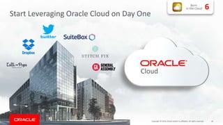 Start Leveraging Oracle Cloud on Day One
Born
in the Cloud 6
Copyright © 2018, Oracle and/or its affiliates. All rights reserved. 46
Cloud
 