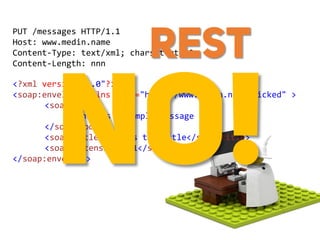 <?xml version="1.0"?>
<soap:envelope xmlns:soap="http://www.medin.name/wicked" >
<soap:body>
This is a sample message
</soap:body>
<soap:title>This is the title</soap:title>
<soap:extension>101</soap:extension>
</soap:envelope>
PUT /messages HTTP/1.1
Host: www.medin.name
Content-Type: text/xml; charset=utf-8
Content-Length: nnn
REST
 