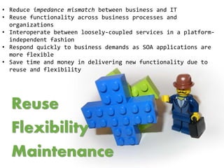 • Reduce impedance mismatch between business and IT
• Reuse functionality across business processes and
organizations
• Interoperate between loosely-coupled services in a platform-
independent fashion
• Respond quickly to business demands as SOA applications are
more flexible
• Save time and money in delivering new functionality due to
reuse and flexibility
Reuse
Flexibility
Maintenance
 