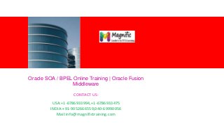 <Insert Picture Here>
Oracle SOA / BPEL Online Training | Oracle Fusion
Middleware
CONTACT US:
USA:+1-6786933994,+1-6786933475
INDIA:+91-9052666559,040-69990056
Mail:info@magnifictraining.com
 