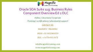 Oracle SOA Suite 11g: Business Rules
Component Overview Ed 1 OLC
Online | classroom| Corporate
Training | certifications | placements| support
CONTACT US:
MAGNIFIC TRAINING
INDIA +91-9052666559
USA : +1-678-693-3475
info@magnifictraining.com
www.magnifictraining.com
 