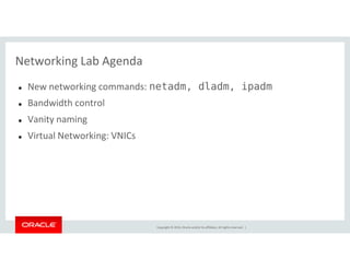 Networking Lab Agenda
New networking commands: netadm, dladm, ipadm
Bandwidth control
Vanity naming
Virtual Networking: VNICs
Copyright © 2014, Oracle and/or its affiliates. All rights reserved. |
Virtual Networking: VNICs
 