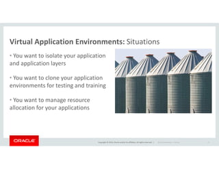 Virtual Application Environments: Situations
• You want to isolate your application
and application layers
• You want to clone your application
environments for testing and training
Copyright © 2014, Oracle and/or its affiliates. All rights reserved. |
environments for testing and training
• You want to manage resource
allocation for your applications
Oracle Confidential – Internal 21
 