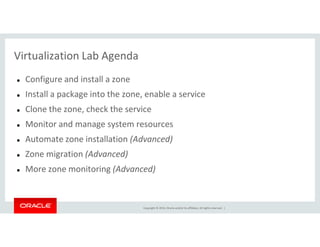 Virtualization Lab Agenda
Configure and install a zone
Install a package into the zone, enable a service
Clone the zone, check the service
Monitor and manage system resources
Copyright © 2014, Oracle and/or its affiliates. All rights reserved. |
Monitor and manage system resources
Automate zone installation (Advanced)
Zone migration (Advanced)
More zone monitoring (Advanced)
 