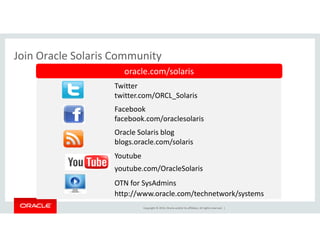 Join Oracle Solaris Community
Twitter
twitter.com/ORCL_Solaris
Facebook
facebook.com/oraclesolaris
oracle.com/solaris
Copyright © 2014, Oracle and/or its affiliates. All rights reserved. |
Oracle Solaris blog
blogs.oracle.com/solaris
Youtube
youtube.com/OracleSolaris
OTN for SysAdmins
http://www.oracle.com/technetwork/systems
 