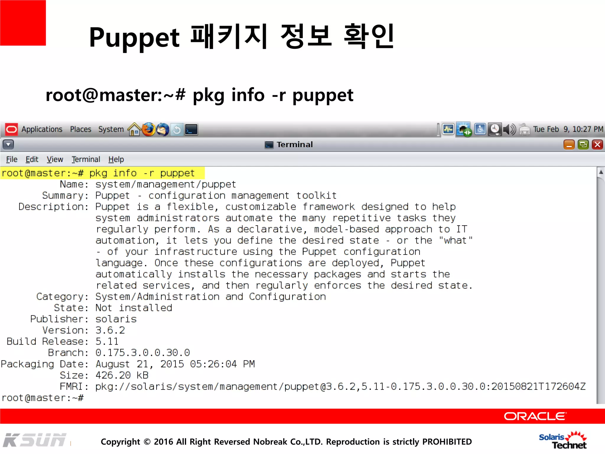 Copyright © 2016 All Right Reversed Nobreak Co.,LTD. Reproduction is strictly PROHIBITED
Puppet 패키지 정보 확인
root@master:~# pkg info -r puppet
 