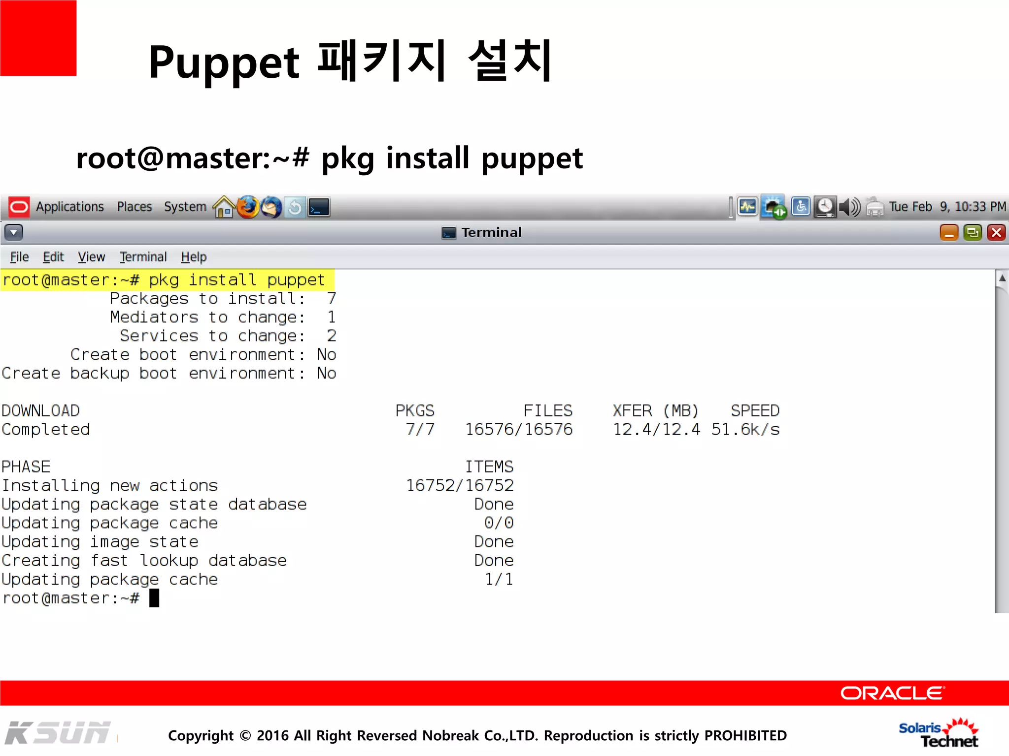 Copyright © 2016 All Right Reversed Nobreak Co.,LTD. Reproduction is strictly PROHIBITED
Puppet 패키지 설치
root@master:~# pkg install puppet
 