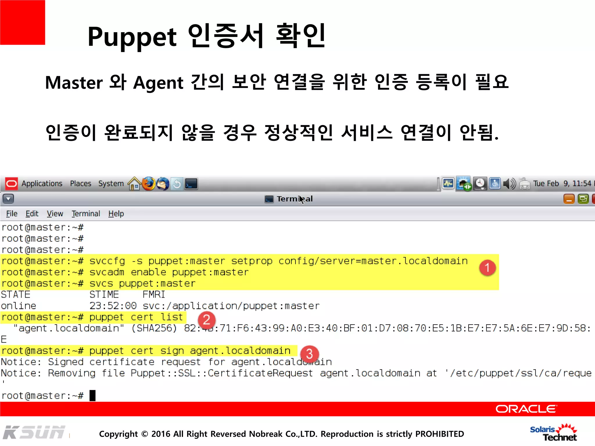 Copyright © 2016 All Right Reversed Nobreak Co.,LTD. Reproduction is strictly PROHIBITED
Puppet 인증서 확인
Master 와 Agent 간의 보안 연결을 위한 인증 등록이 필요
인증이 완료되지 않을 경우 정상적인 서비스 연결이 안됨.
 