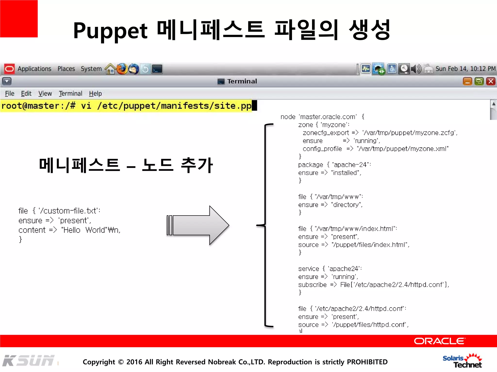 Copyright © 2016 All Right Reversed Nobreak Co.,LTD. Reproduction is strictly PROHIBITED
Puppet 메니페스트 파일의 생성
메니페스트 – 노드 추가
 