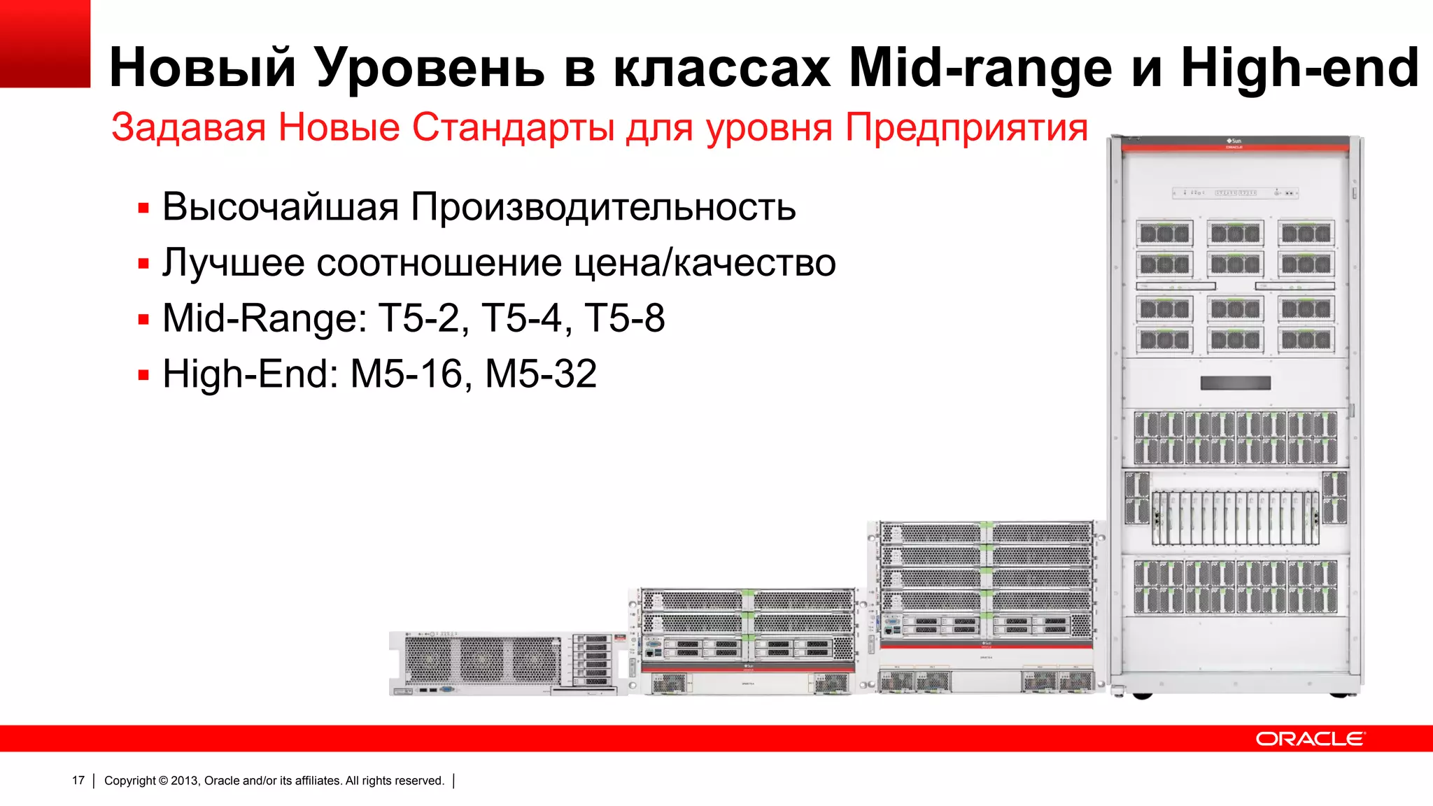 Новый Уровень в классах Mid-range и High-end
Задавая Новые Стандарты для уровня Предприятия
 Высочайшая Производительность
 Лучшее соотношение цена/качество
 Mid-Range: T5-2, T5-4, T5-8
 High-End: M5-16, M5-32

17

Copyright © 2013, Oracle and/or its affiliates. All rights reserved.

 