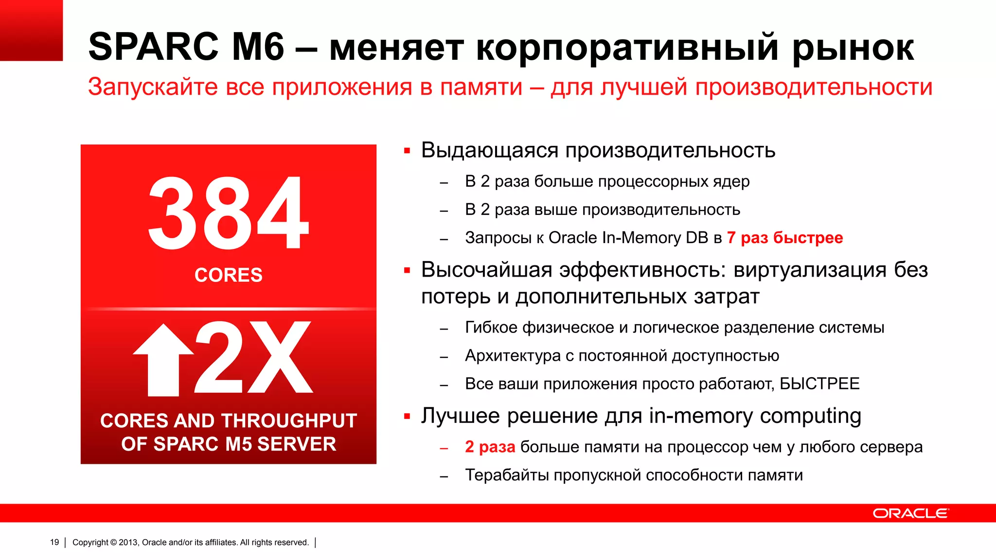 SPARC M6 – меняет корпоративный рынок
Запускайте все приложения в памяти – для лучшей производительности
 Выдающаяся производительность

384
2X
CORES

CORES AND THROUGHPUT
OF SPARC M5 SERVER

–

В 2 раза больше процессорных ядер

–

В 2 раза выше производительность

–

Запросы к Oracle In-Memory DB в 7 раз быстрее

 Высочайшая эффективность: виртуализация без

потерь и дополнительных затрат
–

Гибкое физическое и логическое разделение системы

–

Архитектура с постоянной доступностью

–

Все ваши приложения просто работают, БЫСТРЕЕ

 Лучшее решение для in-memory computing

Copyright © 2013, Oracle and/or its affiliates. All rights reserved.

2 раза больше памяти на процессор чем у любого сервера

–

19

–

Терабайты пропускной способности памяти

 