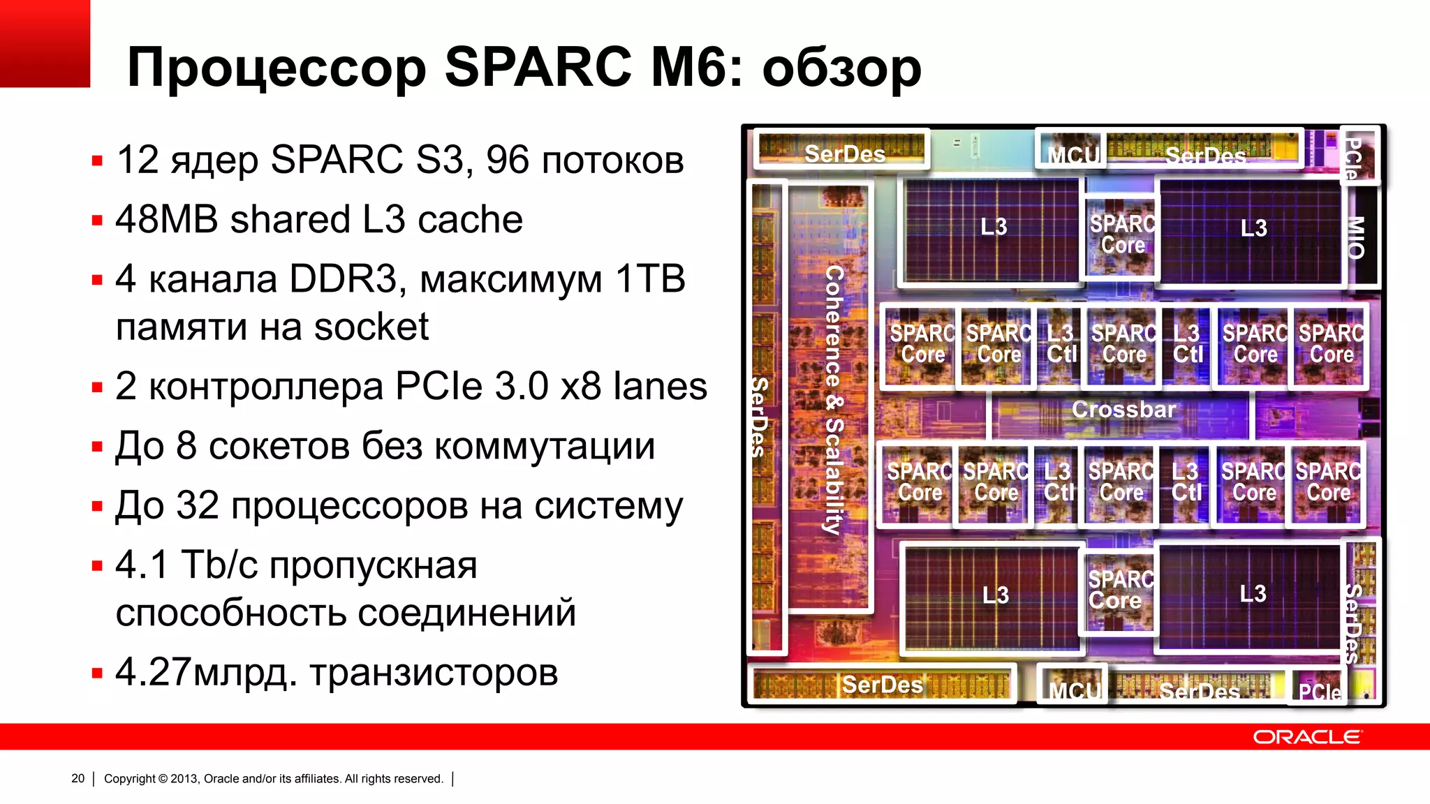 Процессор SPARC M6: обзор
SerDes

MCU
L3

Copyright © 2013, Oracle and/or its affiliates. All rights reserved.

L3

SPARC SPARC L3 SPARC L3 SPARC SPARC
Core Core Ctl Core Ctl Core Core
Crossbar
SPARC SPARC L3 SPARC L3 SPARC SPARC
Core Core Ctl Core Ctl Core Core

L3

SerDes

SPARC
Core

MCU

L3

SerDes

SerDes

20

SerDes

памяти на socket
 2 контроллера PCIe 3.0 x8 lanes
 До 8 сокетов без коммутации
 До 32 процессоров на систему
 4.1 Tb/с пропускная
способность соединений
 4.27млрд. транзисторов

Coherence & Scalability

 4 канала DDR3, максимум 1TB

SPARC
Core

MIO

 48MB shared L3 cache

SerDes

PCIe

 12 ядер SPARC S3, 96 потоков

PCIe

 
