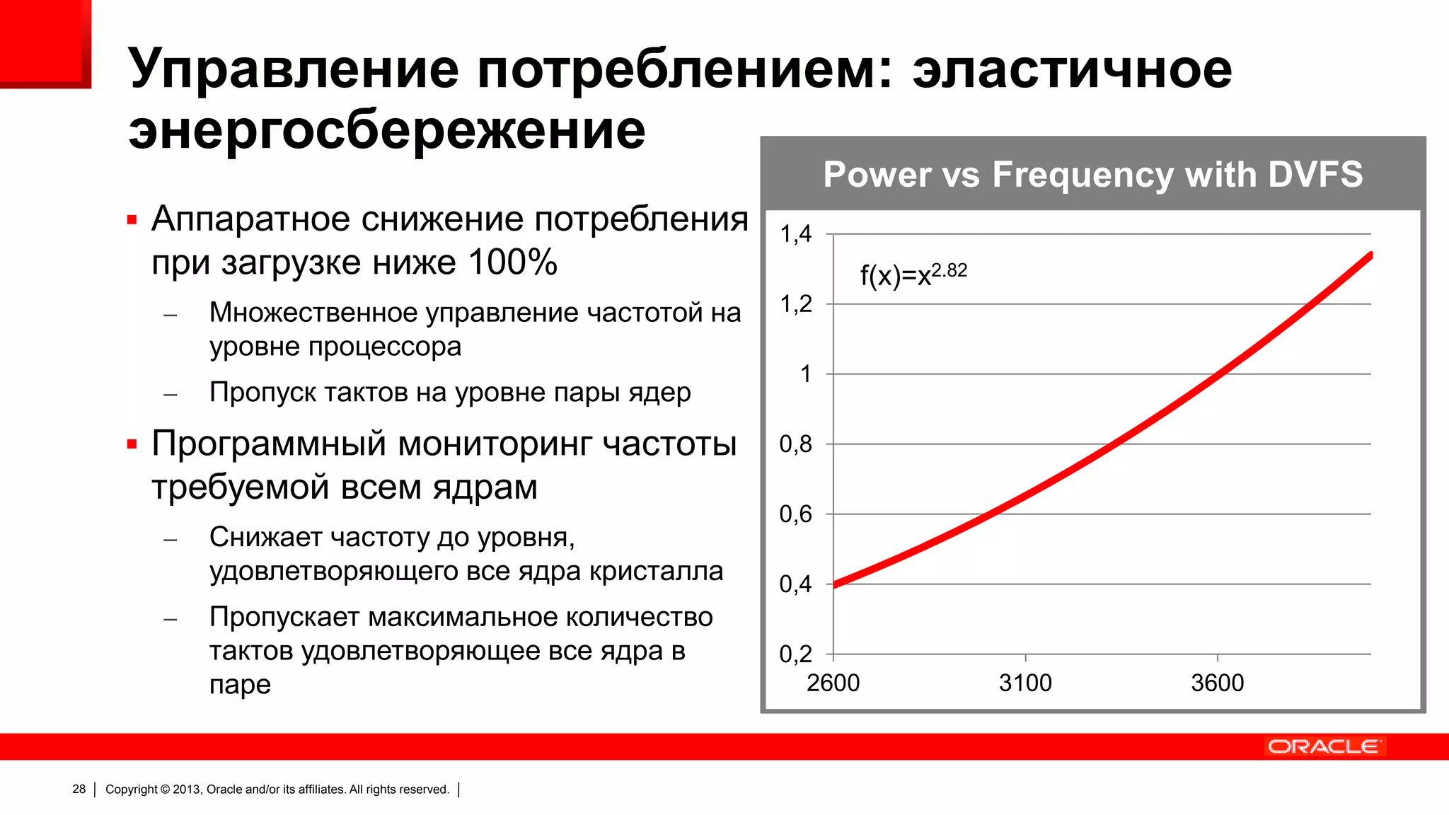 Управление потреблением: эластичное
энергосбережение
Power vs Frequency with DVFS
 Аппаратное снижение потребления

при загрузке ниже 100%
–

Множественное управление частотой на
уровне процессора

–

Пропуск тактов на уровне пары ядер

 Программный мониторинг частоты

требуемой всем ядрам
–
–

28

Снижает частоту до уровня,
удовлетворяющего все ядра кристалла
Пропускает максимальное количество
тактов удовлетворяющее все ядра в
паре

Copyright © 2013, Oracle and/or its affiliates. All rights reserved.

1,4

f(x)=x2.82
1,2
1
0,8
0,6
0,4
0,2
2600

3100

3600

 