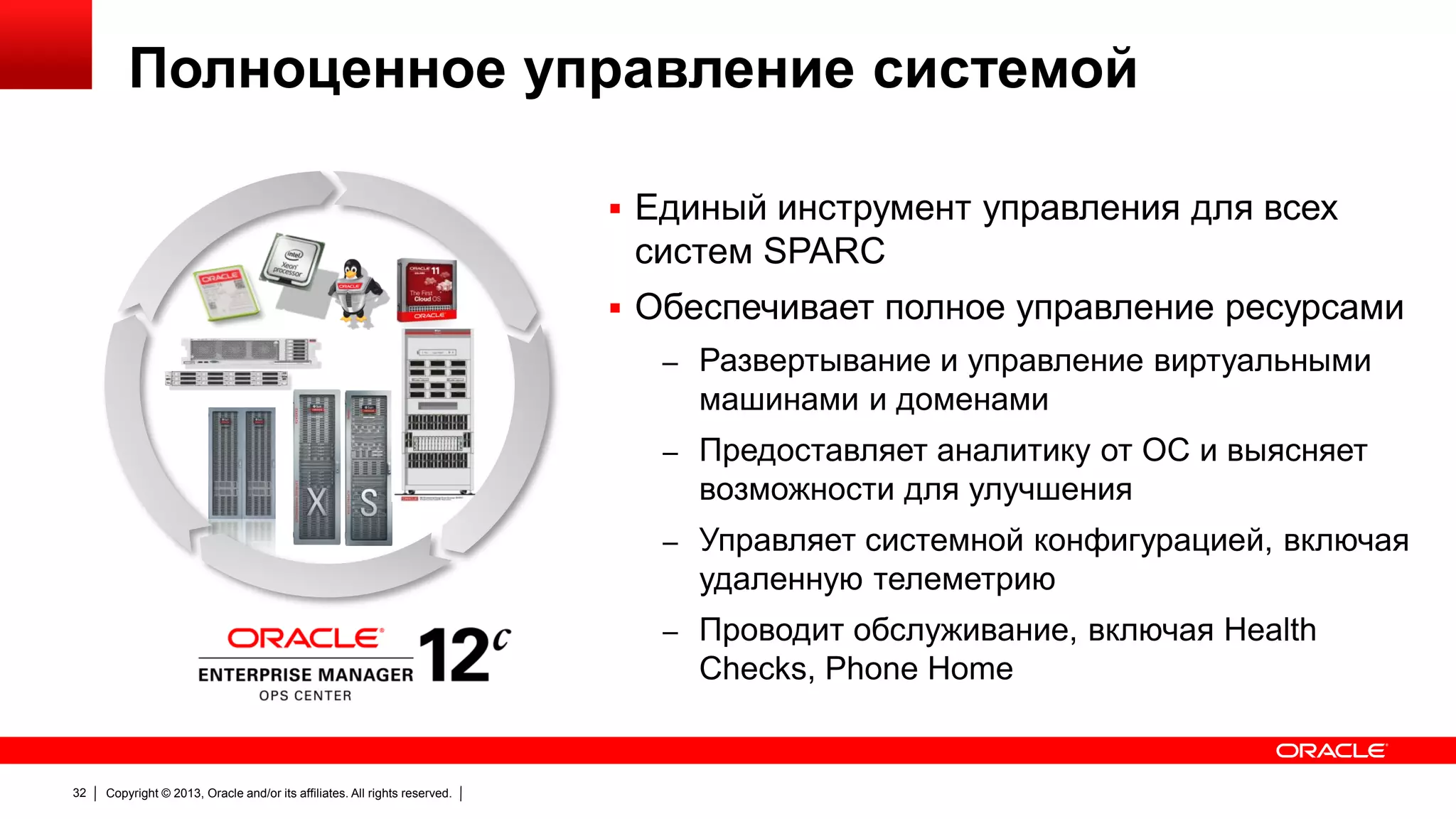 Полноценное управление системой
 Единый инструмент управления для всех

систем SPARC
 Обеспечивает полное управление ресурсами
– Развертывание и управление виртуальными

машинами и доменами
– Предоставляет аналитику от ОС и выясняет

возможности для улучшения
– Управляет системной конфигурацией, включая

удаленную телеметрию
– Проводит обслуживание, включая Health

Checks, Phone Home

32

Copyright © 2013, Oracle and/or its affiliates. All rights reserved.

 