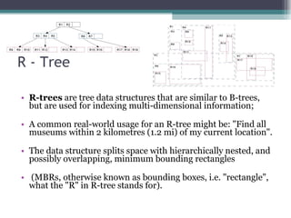 R - Tree R-trees  are tree data structures that are similar to B-trees, but are used for indexing multi-dimensional information;  A common real-world usage for an R-tree might be: "Find all museums within 2 kilometres (1.2 mi) of my current location". The data structure splits space with hierarchically nested, and possibly overlapping, minimum bounding rectangles (MBRs, otherwise known as bounding boxes, i.e. "rectangle", what the "R" in R-tree stands for). 
