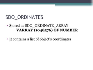 SDO_ORDINATES Stored as SDO_ORDINATE_ARRAY VARRAY (1048576) OF NUMBER It contains a list of object’s coordinates 