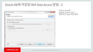 Copyright © 2014 Oracle and/or its affiliates. All rights reserved. |
Oracle DB에 저장된 RDF Data Access 방법 - 3
Project name에
tutorial_articles 라고
입력하고 Next 버튼 클릭
 