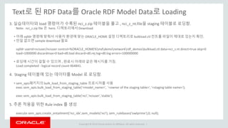 Copyright © 2014 Oracle and/or its affiliates. All rights reserved. |
Text로 된 RDF Data를 Oracle RDF Model Data로 Loading
3. 실습데이타와 load 명령어가 수록된 nci_z.zip 테이블을 풀고 , nci_z_nt.file을 staging 테이블로 로딩함.
Note: nci_z.zip file 은 here. 디렉토리에서 Download
• 아래 sqlldr 명령에 맞춰서 사용자 환경에 맞는 ORACLE_HOME 설정 디렉토리로 bulkload.ctl 컨트롤 파일이 제대로 있는지 확인.
• 만일 없으면 sample download 필요
sqlldr userid=nciuser/nciuser control=%ORACLE_HOME%mddemonetworkrdf_demosbulkload.ctl data=nci_z.nt direct=true skip=0
load=1000000 discardmax=0 bad=d0.bad discard=d0.rej log=d0.log errors=100000000
• 로딩에 시간이 걸릴 수 있으며 , 완료시 아래와 같은 메시지를 가짐.
Load completed - logical record count 464841.
4. Staging 테이블에 있는 데이타를 Model 로 로딩함.
• sem_apis패키지의 bulk_load_from_staging_table 프로시저를 사용
exec sem_apis.bulk_load_from_staging_table('<model_name>', '<owner of the staging table>', '<staging table name>');
exec sem_apis.bulk_load_from_staging_table('nci','nciuser','stable');
5. 추론 적용을 위한 Rule index 를 생성
execute sem_apis.create_entailment('nci_idx',sem_models('nci'), sem_rulebases('owlprime'),0, null);
 