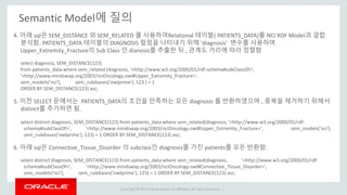 Copyright © 2014 Oracle and/or its affiliates. All rights reserved. |
Semantic Model에 질의
4. 아래 sql은 SEM_DISTANCE 와 SEM_RELATED 를 사용하여Relational 테이블( PATIENTS_DATA)를 NCI RDF Model과 결합
분석함. PATIENTS_DATA 테이블의 DIAGNOSIS 컬럼을 나타내기 위해 'diagnosis' 변수를 사용하며
Upper_Extremity_Fracture의 Sub Class 인 dianosis를 추출한 뒤 , 관계도 거리에 따라 정렬함
select diagnosis, SEM_DISTANCE(123)
from patients_data where sem_related (diagnosis, '<http://www.w3.org/2000/01/rdf-schema#subClassOf>',
'<http://www.mindswap.org/2003/nciOncology.owl#Upper_Extremity_Fracture>',
sem_models('nci'), sem_rulebases('owlprime'), 123 ) = 1
ORDER BY SEM_DISTANCE(123) asc;
5. 이전 SELECT 문에서는 PATIENTS_DATA의 조건을 만족하는 모든 diagnosis 를 반환하였으며 , 중복을 제거하기 위해서
distinct를 추가하면 됨.
select distinct diagnosis, SEM_DISTANCE(123) from patients_data where sem_related(diagnosis, '<http://www.w3.org/2000/01/rdf-
schema#subClassOf>', '<http://www.mindswap.org/2003/nciOncology.owl#Upper_Extremity_Fracture>', sem_models('nci'),
sem_rulebases('owlprime'), 123) = 1 ORDER BY SEM_DISTANCE(123) asc;
6. 아래 sql은 Connective_Tissue_Disorder 의 subclass인 diagnosis를 가진 patients를 모든 반환함.
select distinct diagnosis, SEM_DISTANCE(123) from patients_data where sem_related(diagnosis, '<http://www.w3.org/2000/01/rdf-
schema#subClassOf>', '<http://www.mindswap.org/2003/nciOncology.owl#Connective_Tissue_Disorder>',
sem_models('nci'), sem_rulebases('owlprime'), 123) = 1 ORDER BY SEM_DISTANCE(123) asc;
 