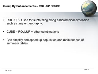 Group By Enhancements – ROLLUP / CUBE ROLLUP - Used for subtotaling along a hierarchical dimension such as time or geography.  CUBE = ROLLUP + other combinations Can simplify and speed up population and maintenance of summary tables.  