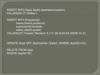INSERT INTO Dept( deptid,deptname,location)
VALUES(50,'IT','Dallas');
INSERT INTO Emp(empid,
lname,fname,positionid,
supervisorid,hiredate,
salary,deptid,qualid)
VALUES(227,'howser','Barbara',4,111,'25-AUG-83',45000,10,3);
UPDATE dept SET deptname='Sales' WHERE deptID=50;
DELETE FROM dept
WHERE deptid='50';
 